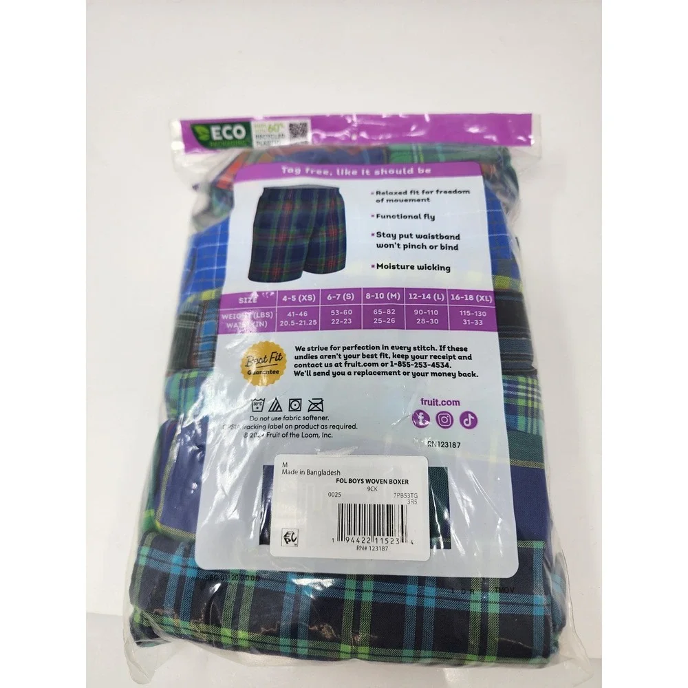Fruit of the Loom Boys Plaid Boxers Blue Cotton Blend Casual Size Medium 8-10